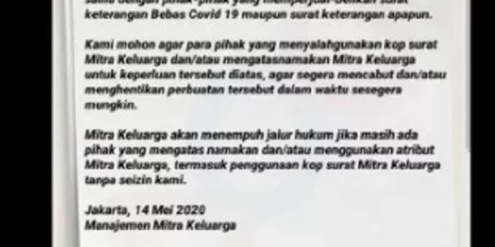 RS Mitra Keluarga Bantah Keluarkan Surat Keterangan Bebas COVID-19