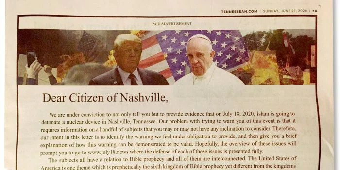 Surat Kabar The Tennessean Tayangkan Iklan Mengerikan, Sebut Islam Akan Ledakkan Bom Nuklir di Nashville