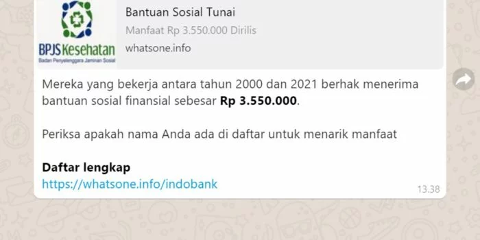 Jangan Dibuka! Beredar Pesan Berantai BLT BPJS Ketenagakerjaan di WhatsApp