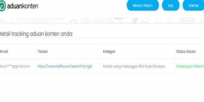 Aduan terhadap Netflix yang terdaftar di kemenkominfo/Repro