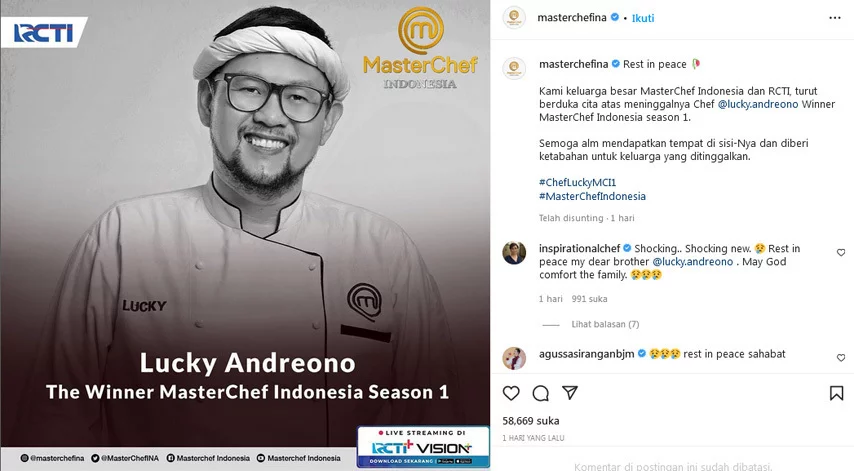 Chef Lucky Andreono Meninggal Dunia, Juara Master Chef Ini Diduga Alami Komplikasi