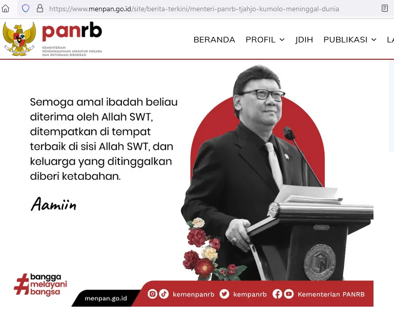 Menteri PANRB Tjahjo Kumolo Meninggal Dunia